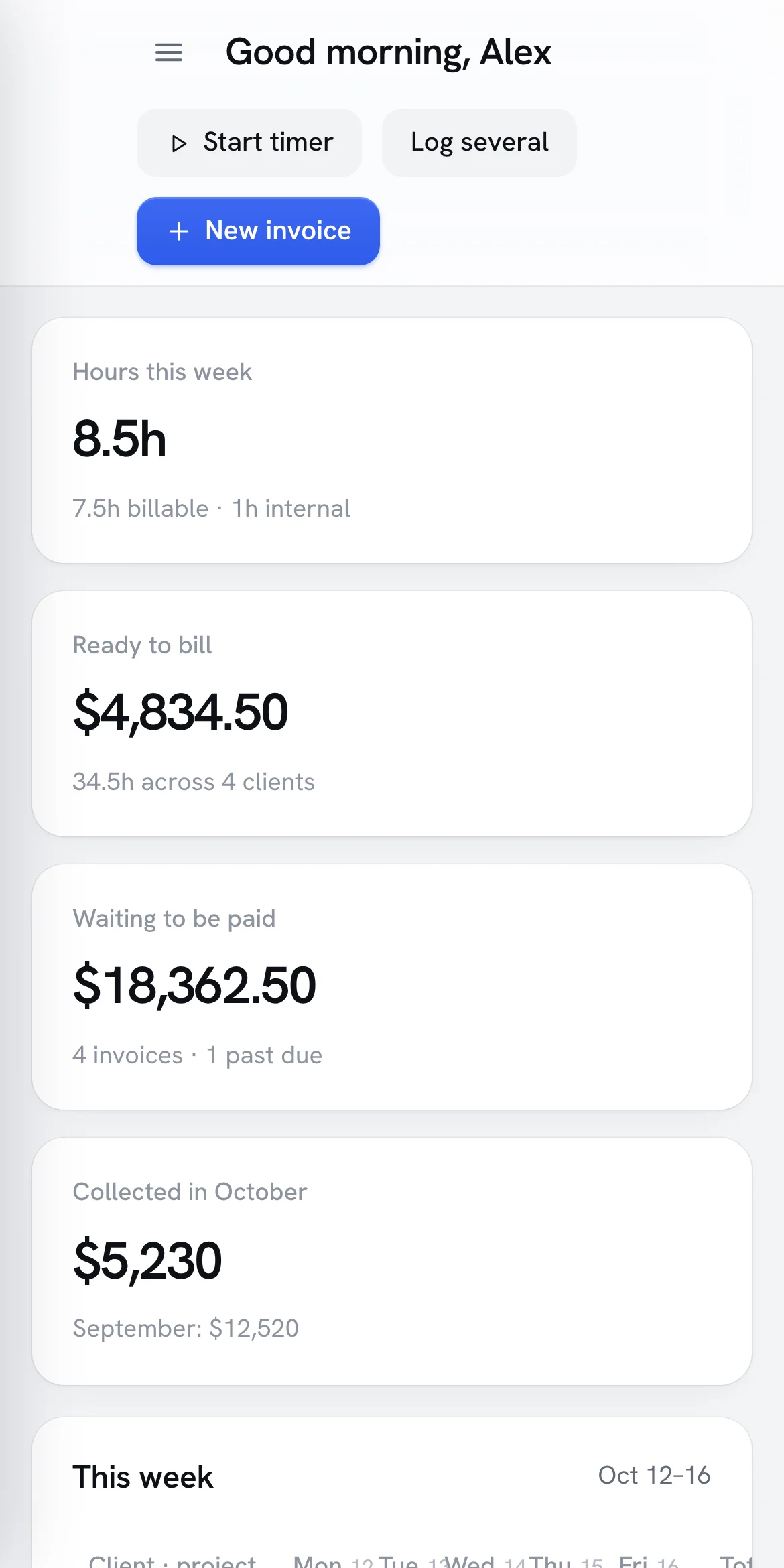 Billkeep open as an app on a phone, showing hours this week and money ready to bill, with demo data