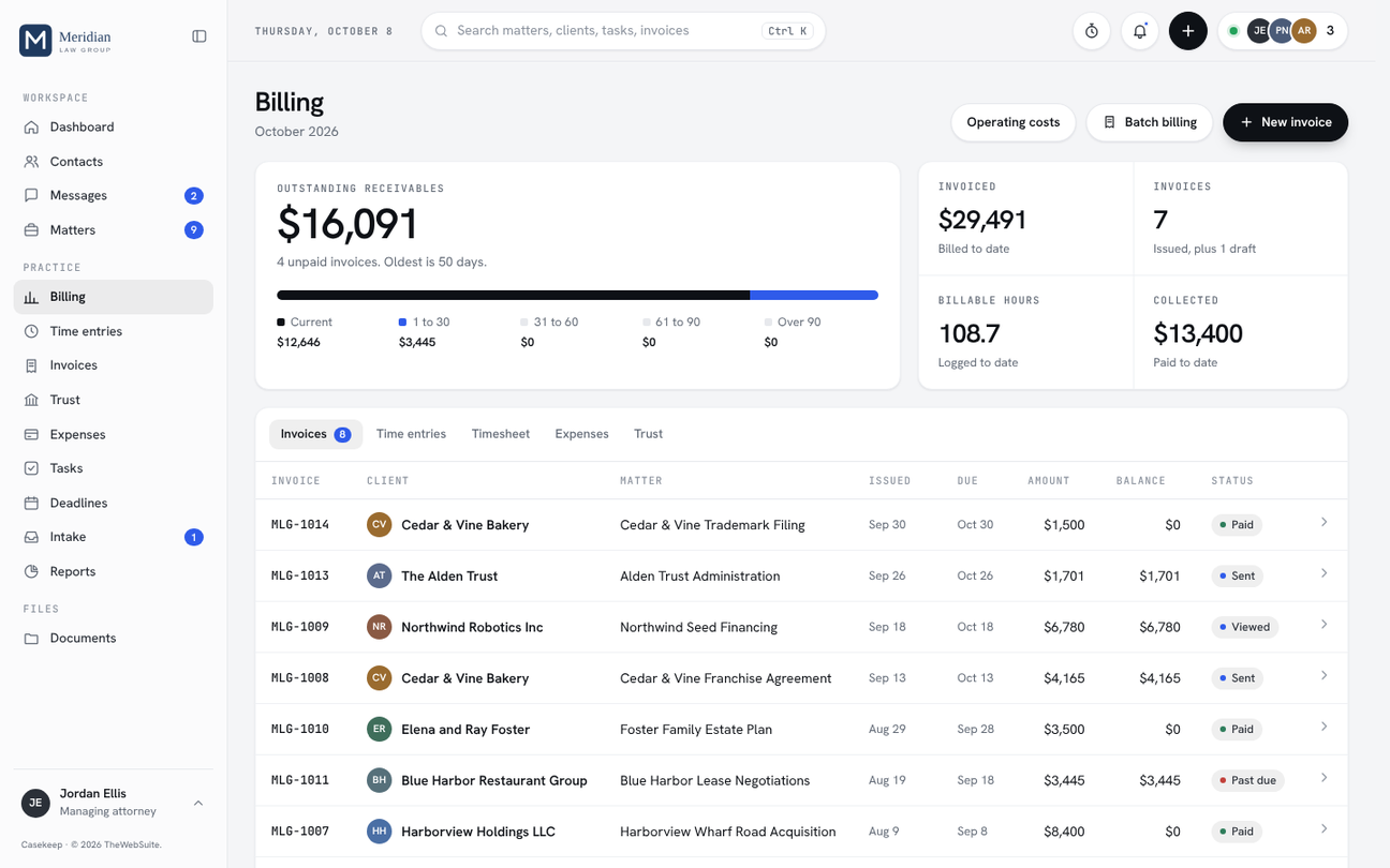 Casekeep billing screen with outstanding receivables and invoices, demo data