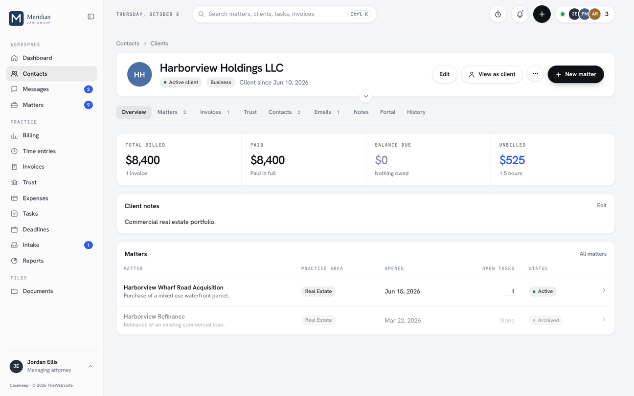 Casekeep client record with matters, billing totals and activity, demo data
