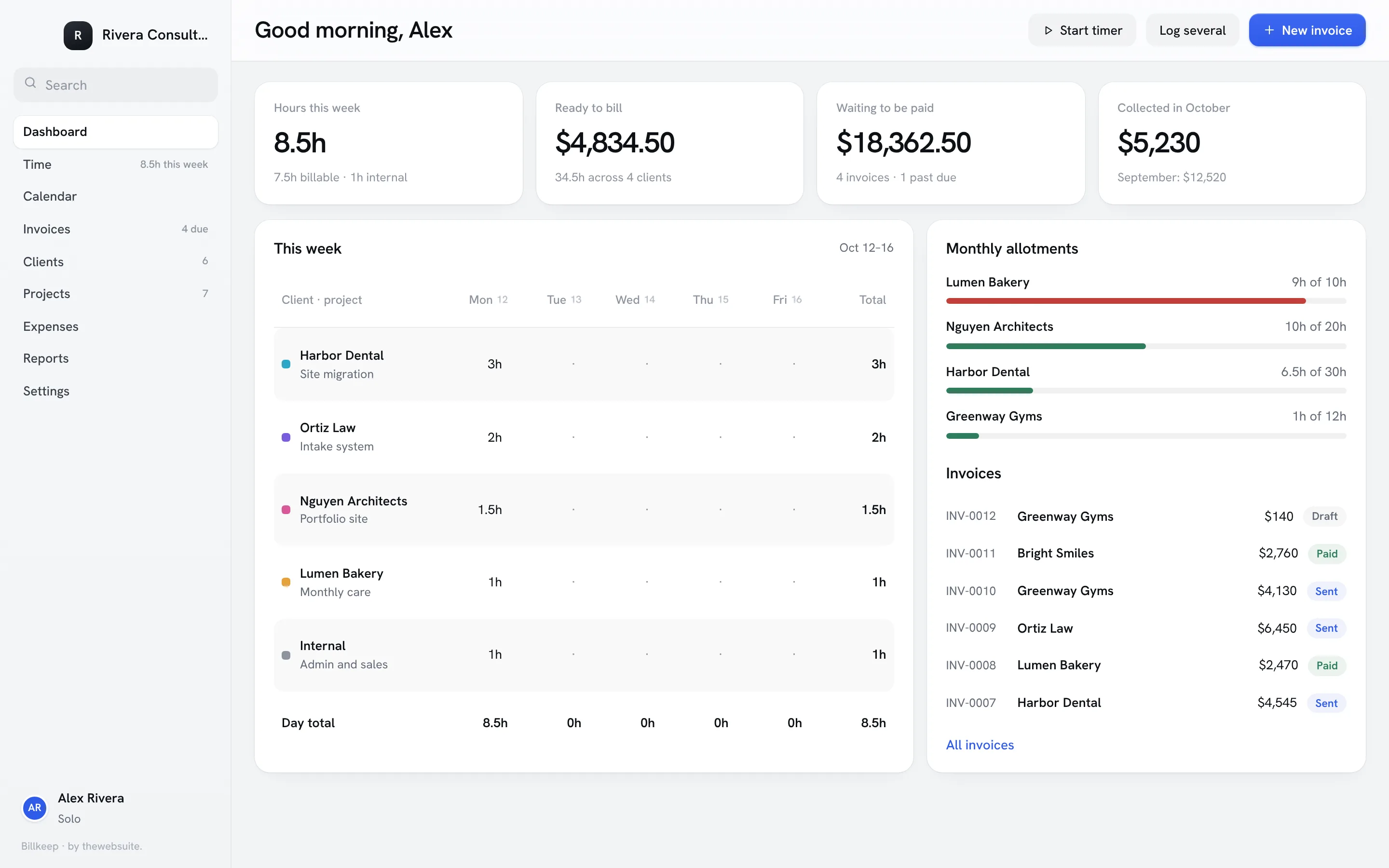 Billkeep, our time and invoicing system, showing hours this week, money ready to bill and recent invoices with demo data