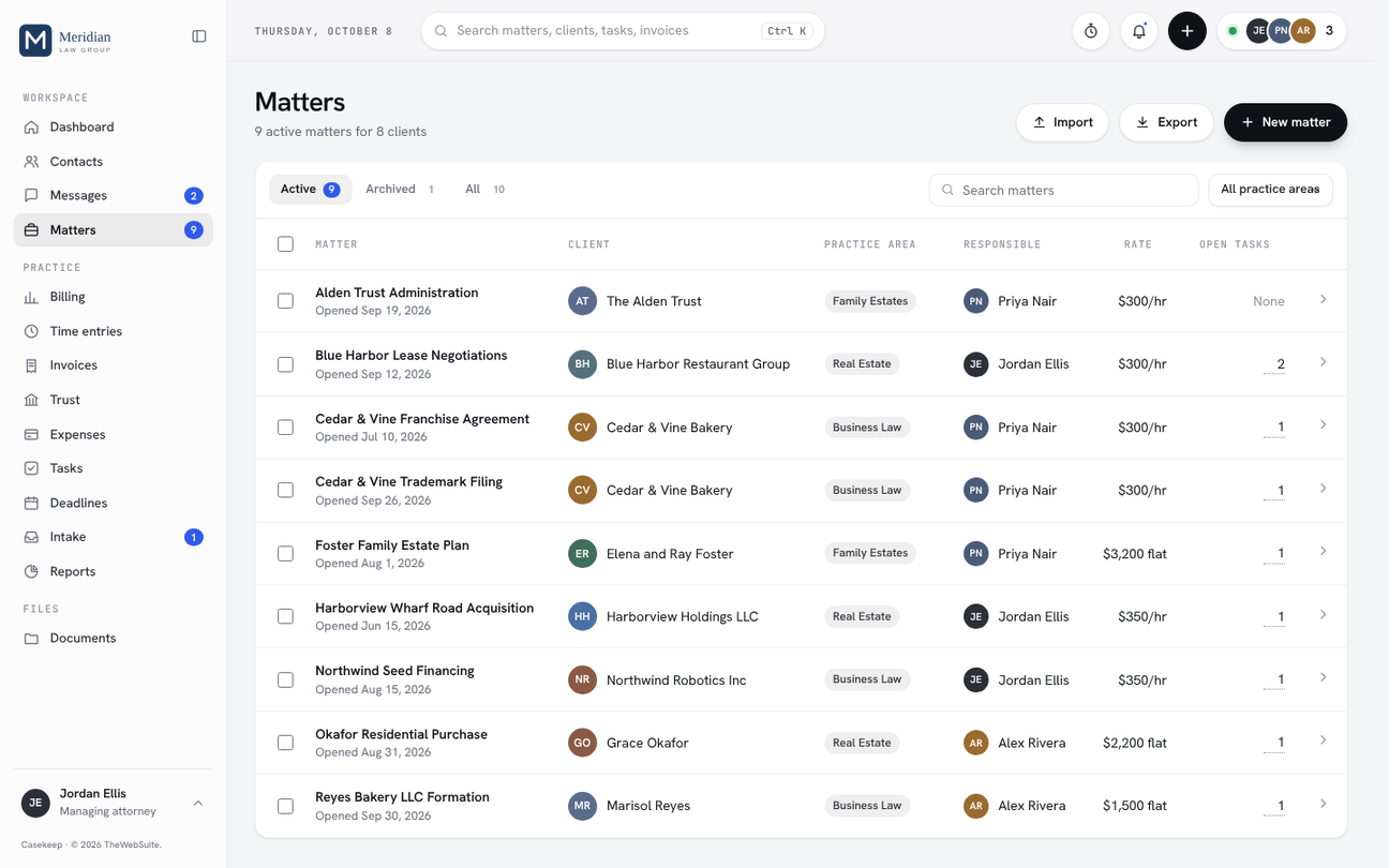 Casekeep matters list with clients, practice areas, rates and open tasks, demo data