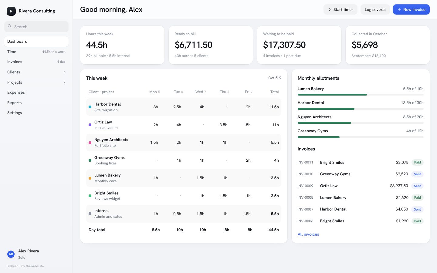 Billkeep dashboard with hours this week, money ready to bill, invoices waiting to be paid and recent invoices, shown with demo data