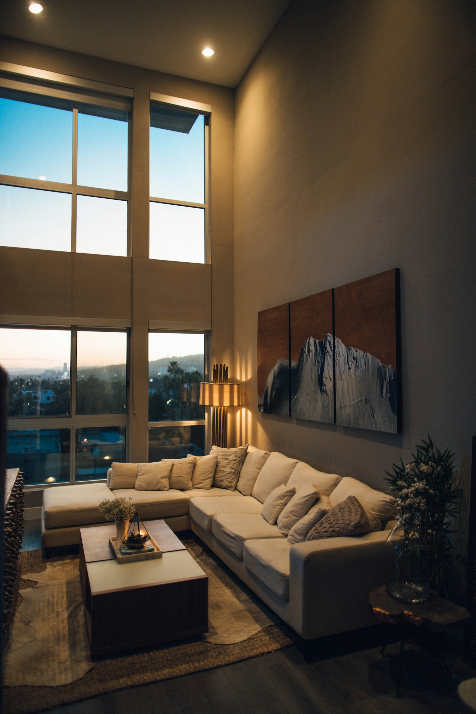 A honey-lit interior with tall windows
