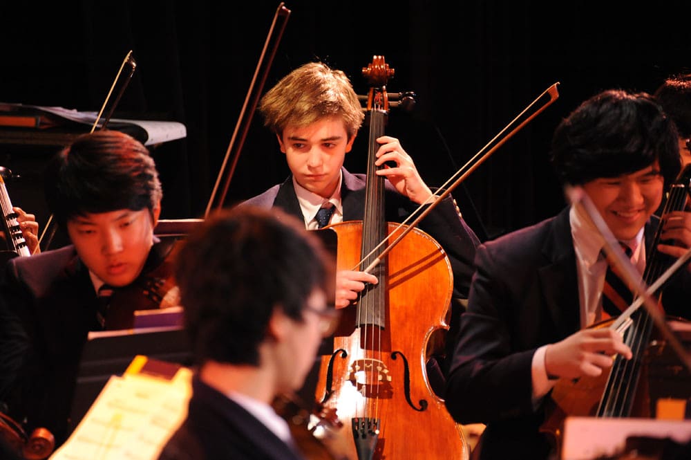 Cellist and string players on stage