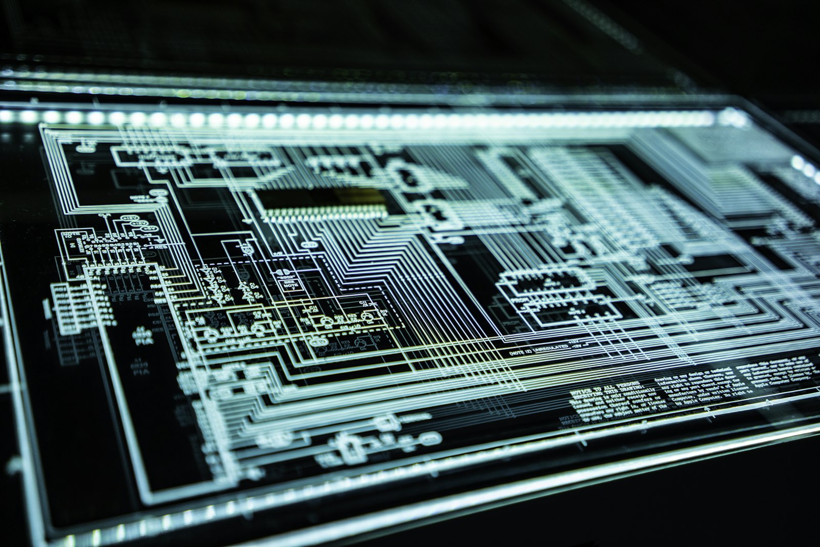 A lit circuit board in close up